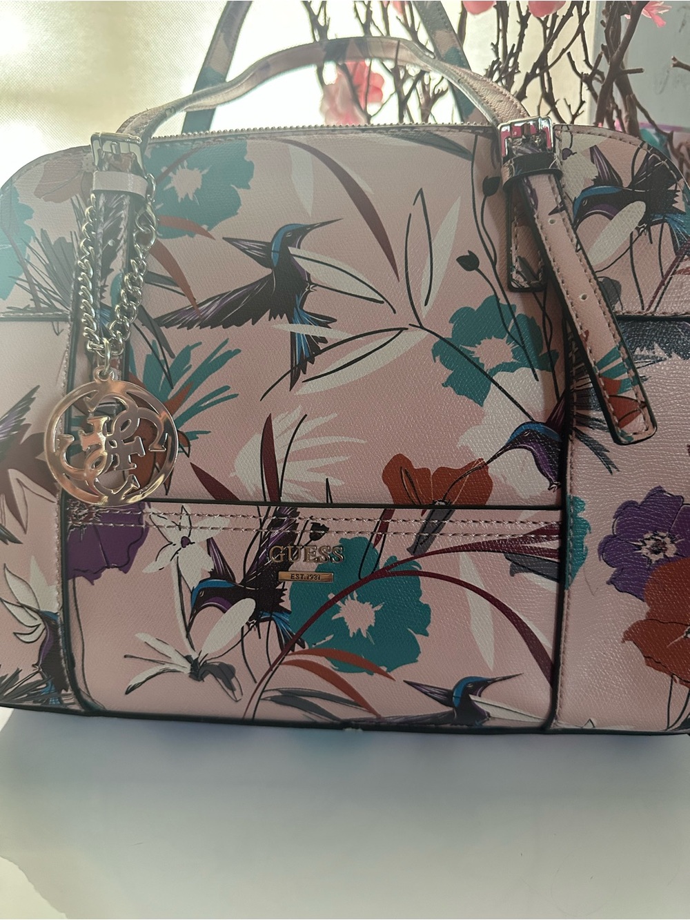 GUESS Pink Floral Hummingbird Satchel with Gold Charm